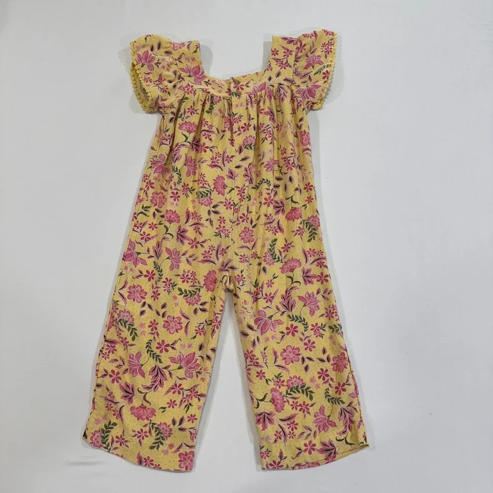 Old Navy Floral Flutter Sleeve‎ Jumpsuit Toddler 3T Yellow Linen Blend | Boho